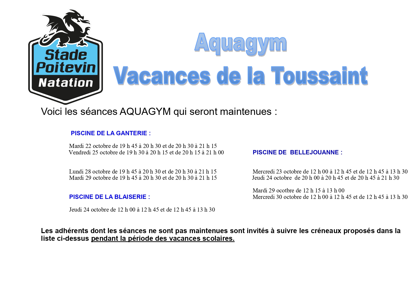 Aquagym Vacances de la Toussaint