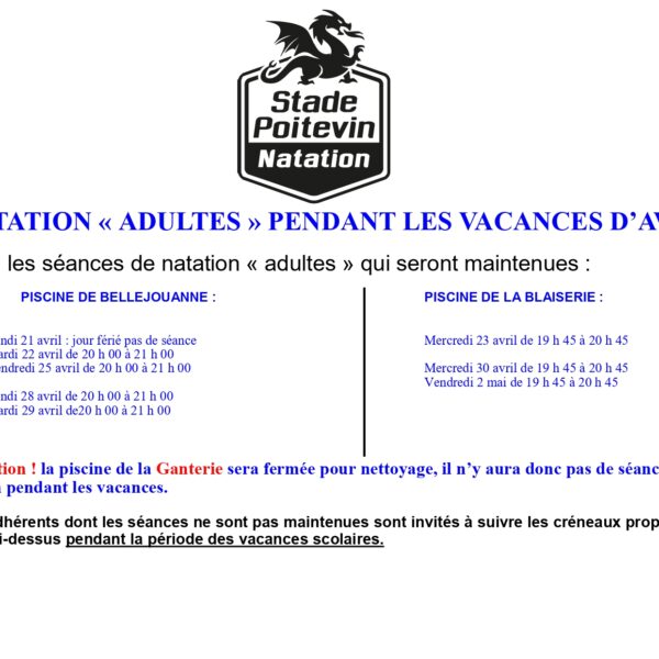 Planning Natation Adultes Vacances d’avril
