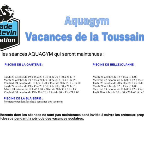 Séances Aquagym – Vacances de la Toussaint