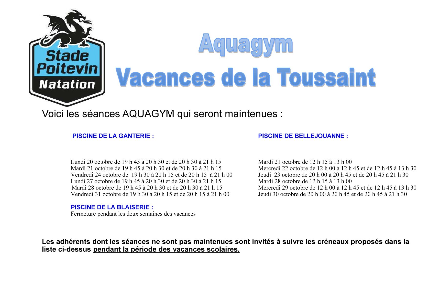 Séances Aquagym – Vacances de la Toussaint