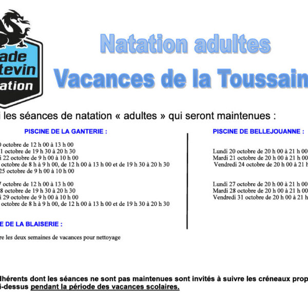 Séances natation Adultes – Vacances de la Toussaint