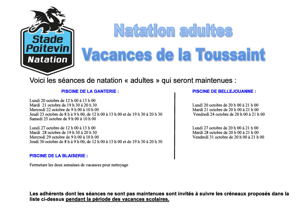 Séances natation Adultes – Vacances de la Toussaint