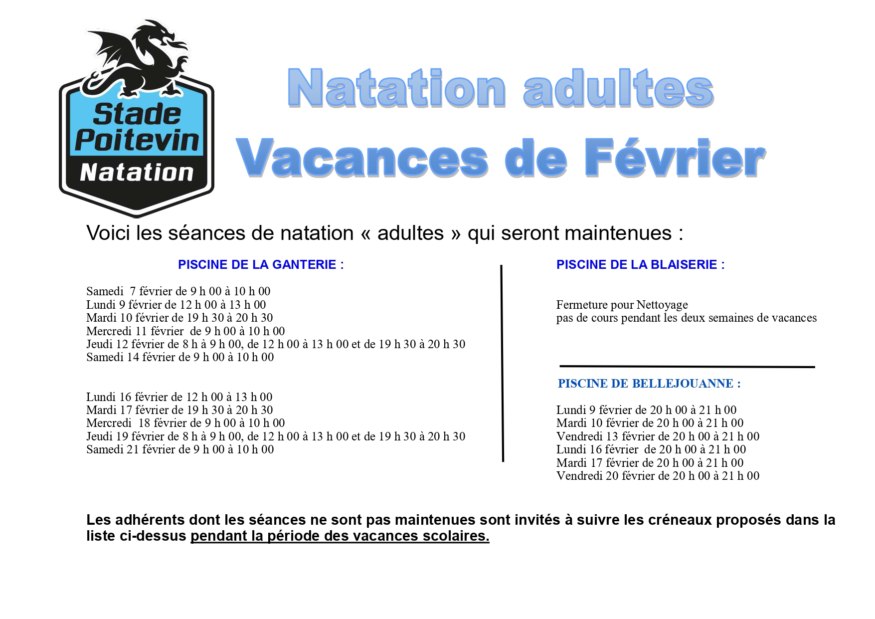 Natation adultes vacances de Février
