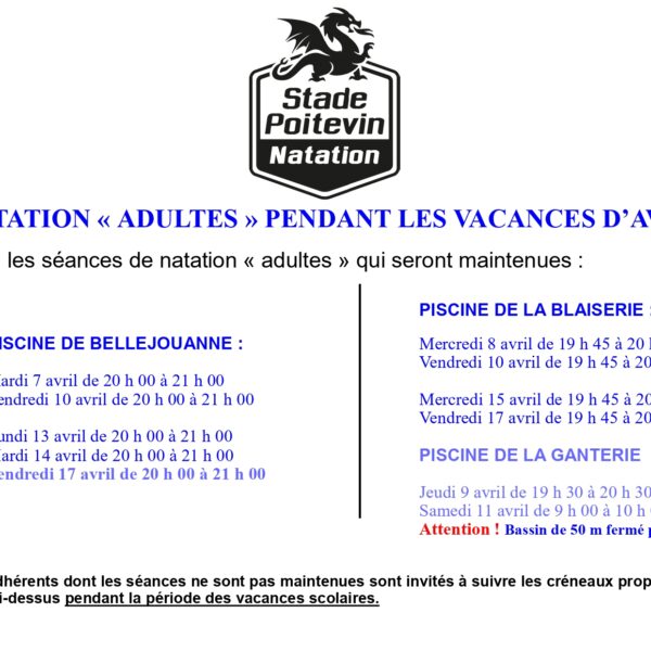 Natation adultes pendant les vacances d&rsquo;avril