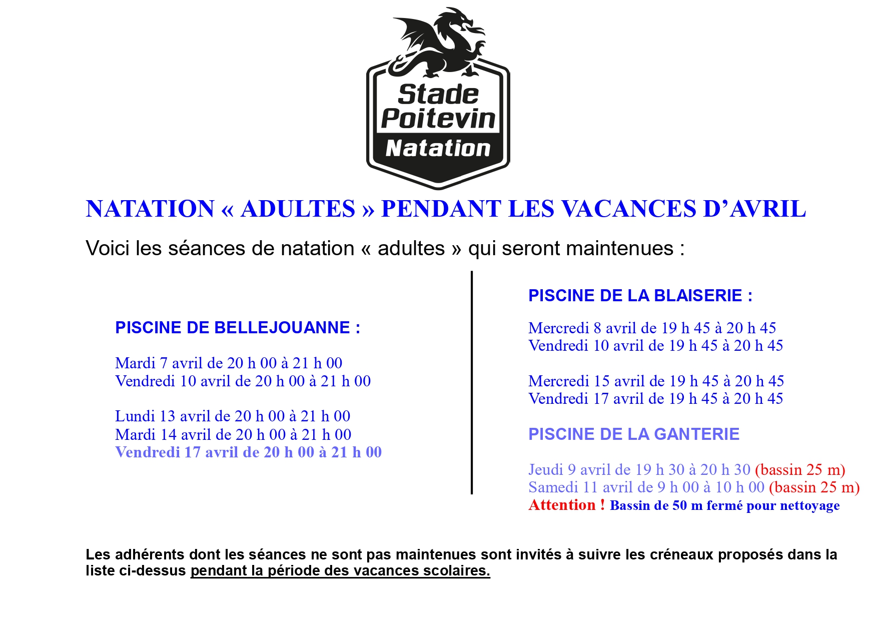 Natation adultes pendant les vacances d&rsquo;avril