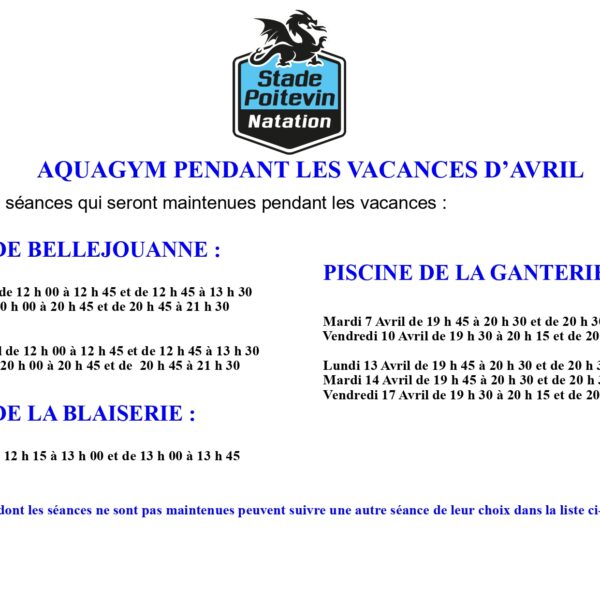 Aquagym pendant les vacances d&rsquo;avril