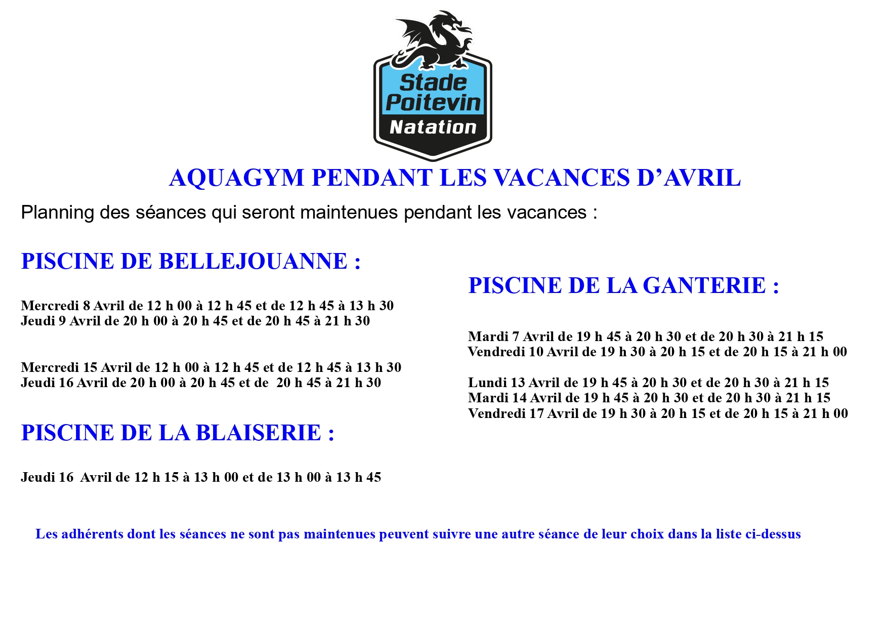 Aquagym pendant les vacances d&rsquo;avril