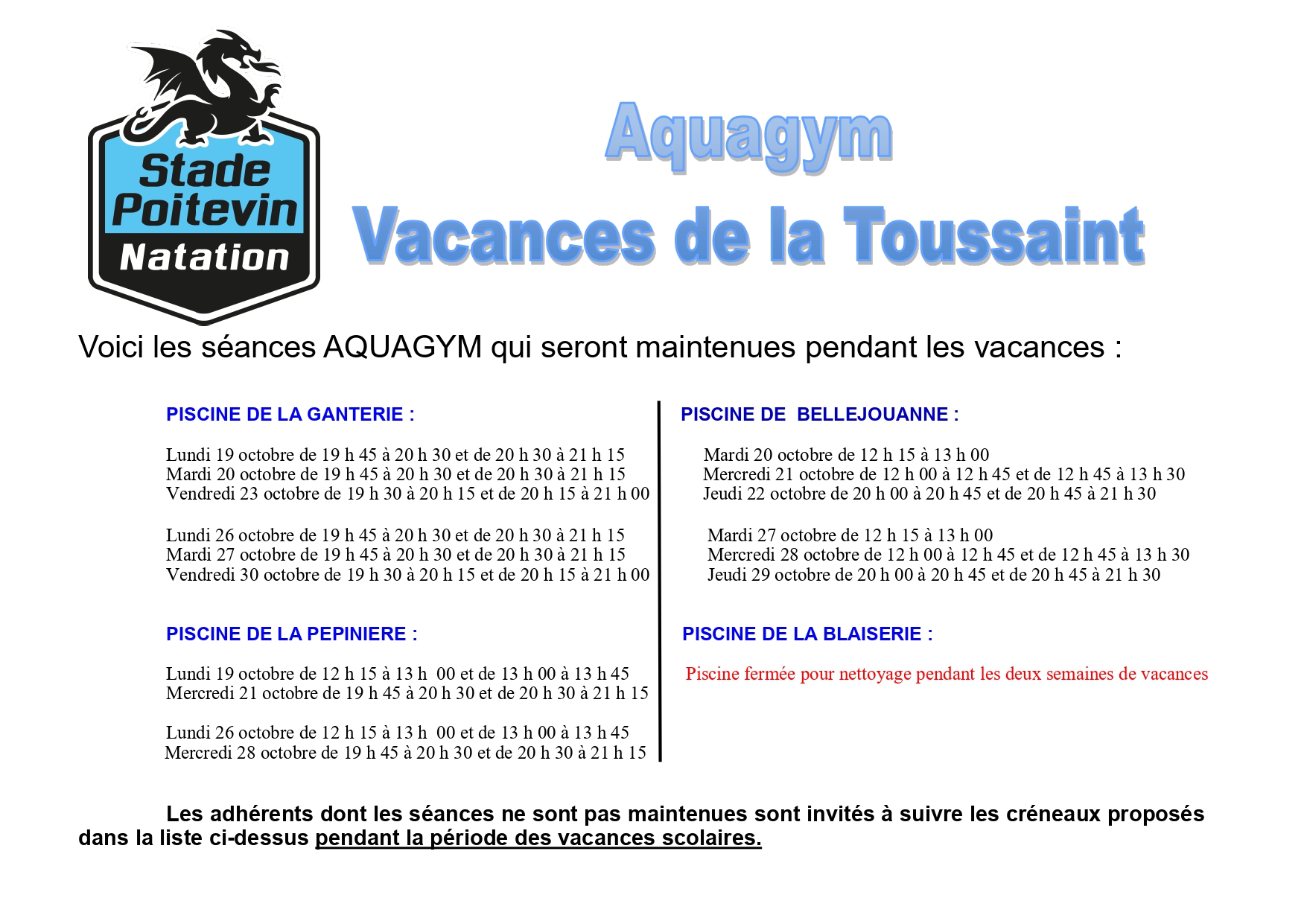 Aquagym Vacances de la Toussaint