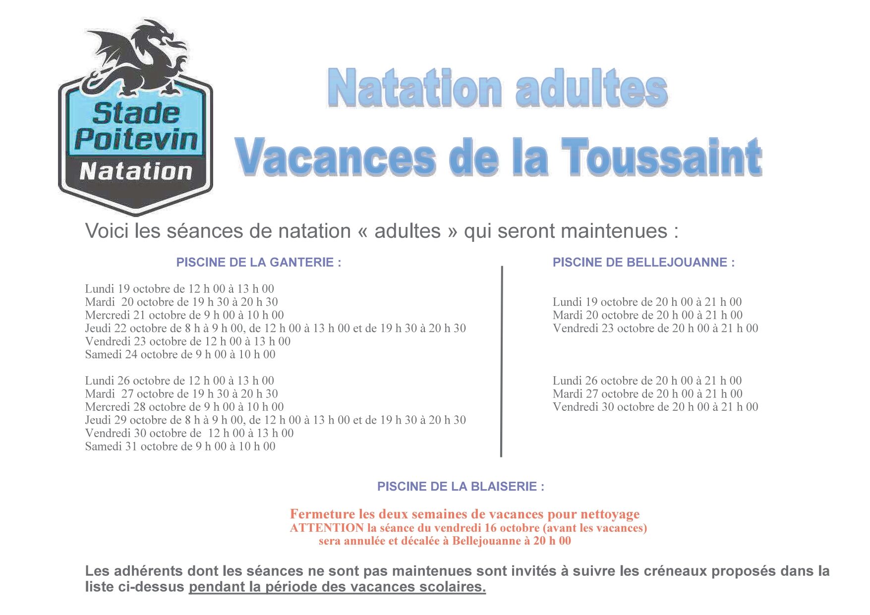 Natation adultes vacances de la Toussaint